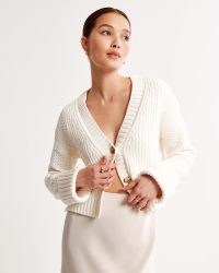 Abercrombie & Fitch Cotton Seed Stitch Cardigan in White | short length side split button front cardigans