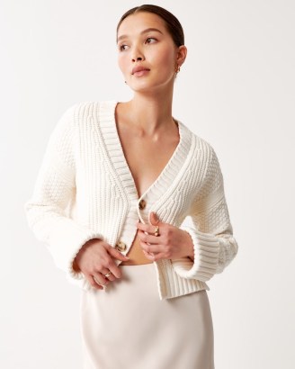Abercrombie & Fitch Cotton Seed Stitch Cardigan in White | short length side split button front cardigans - flipped