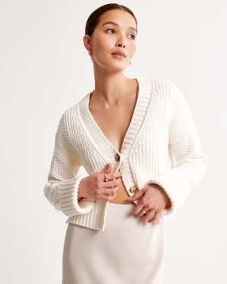 Abercrombie & Fitch Cotton Seed Stitch Cardigan in White | short length side split button front cardigans