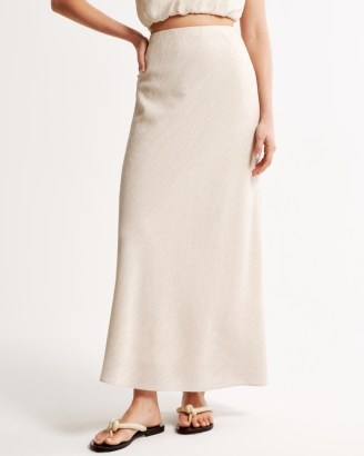 Abercrombie & Fitch Crinkle Textured Column Maxi Skirt in Cream | long length neutral crinkle fabric skirts - flipped