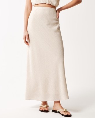 Abercrombie & Fitch Crinkle Textured Column Maxi Skirt in Cream | long length neutral crinkle fabric skirts