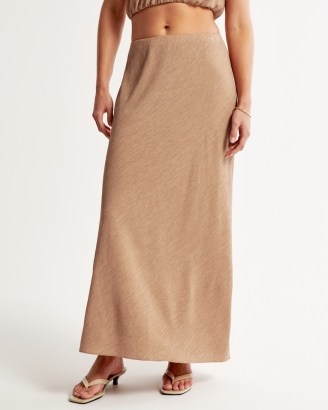 Abercrombie & Fitch Crinkle Textured Column Maxi Skirt in Brown ~ stretchy crinkled fabric pull on skirts - flipped