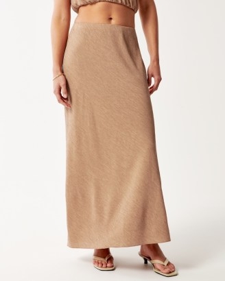 Abercrombie & Fitch Crinkle Textured Column Maxi Skirt in Brown ~ stretchy crinkled fabric pull on skirts