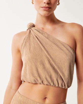 Abercrombie & Fitch Crinkle Textured One-Shoulder Set Top in Brown ~ asymmetric crop tops ~ cropped summer fashion - flipped