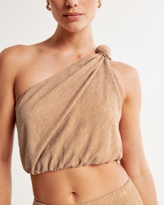 Abercrombie & Fitch Crinkle Textured One-Shoulder Set Top in Brown ~ asymmetric crop tops ~ cropped summer fashion