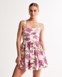 Abercrombie & Fitch Emerson Poplin Wide Strap Mini Dress in Pink Floral ~ sleeveless ruched bodice fit and flare dresses ~ skater style ~ A&F getaway shop collection