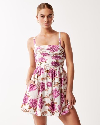 Abercrombie & Fitch Emerson Poplin Wide Strap Mini Dress in Pink Floral ~ sleeveless ruched bodice fit and flare dresses ~ skater style ~ A&F getaway shop collection - flipped