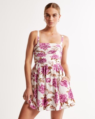 Abercrombie & Fitch Emerson Poplin Wide Strap Mini Dress in Pink Floral ~ sleeveless ruched bodice fit and flare dresses ~ skater style ~ A&F getaway shop collection