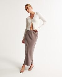 Abercrombie & Fitch Faux Silk Column Maxi Skirt in Brown | silky long length slip skirts