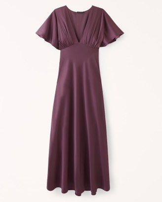Abercrombie & Fitch Flutter Sleeve Satin Maxi Dress in burgundy ~ silky occasion dresses - flipped