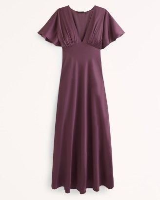 Abercrombie & Fitch Flutter Sleeve Satin Maxi Dress in burgundy ~ silky occasion dresses