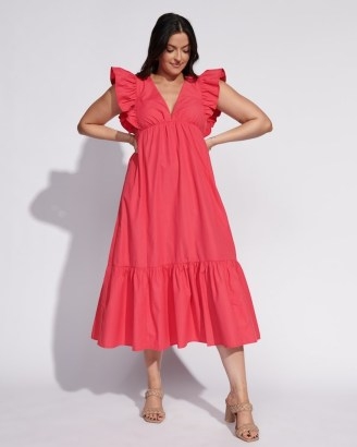 Abercrombie x Tia Booth Flutter Sleeve Tiered Midi Dress in Pink ~ ruffle shoulder detail dresses ~ ruffled summer fashion - flipped