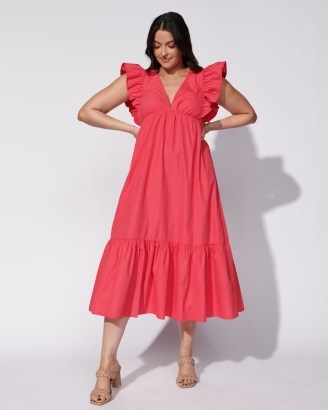 Abercrombie x Tia Booth Flutter Sleeve Tiered Midi Dress in Pink ~ ruffle shoulder detail dresses ~ ruffled summer fashion