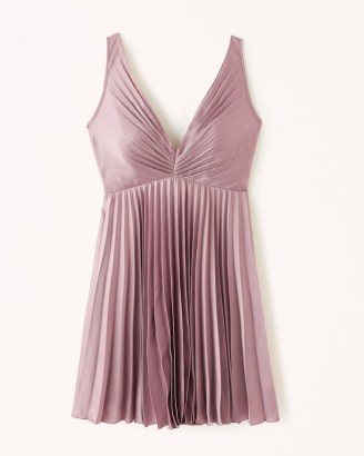 Abercrombie & Fitch Plunge Pleated Mini Dress in Pink ~ plunging sleeveless satin party dresses ~ silky evening occasion fashion - flipped