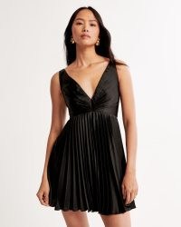 Abercrombie & Fitch Plunge Pleated Mini Dress in Black | sleeveless satin LBD | women’s silky plunging fit and flare party dresses