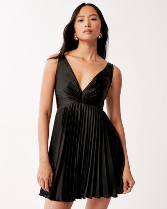 Abercrombie & Fitch Plunge Pleated Mini Dress in Black | sleeveless satin LBD | women’s silky plunging fit and flare party dresses - flipped