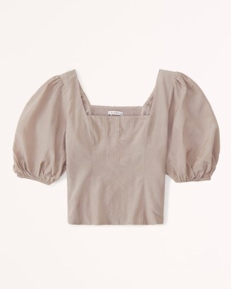 Abercrombie & Fitch Puff Sleeve Corset Scoopneck Top in Taupe ~ women’s tops with puffed sleeves