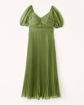 Abercrombie & Fitch Puff Sleeve Pleated Midi Dress in Green ~ sweetheart neckline lightweight chiffon dresses ~ ruched bodice ~ women’s feminine fashion - flipped