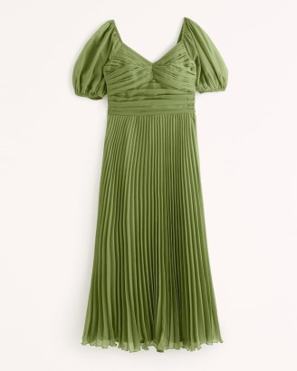 Abercrombie & Fitch Puff Sleeve Pleated Midi Dress in Green ~ sweetheart neckline lightweight chiffon dresses ~ ruched bodice ~ women’s feminine fashion