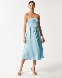 Abercrombie & Fitch Satin Emerson Ruched Strapless Midi Dress Blue ~ silky bandeau evening dresses