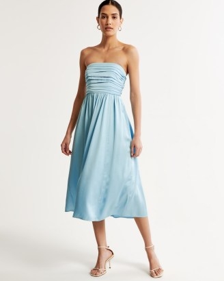 Abercrombie & Fitch Satin Emerson Ruched Strapless Midi Dress Blue ~ silky bandeau evening dresses - flipped