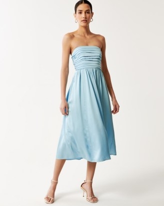 Abercrombie & Fitch Satin Emerson Ruched Strapless Midi Dress Blue ~ silky bandeau evening dresses