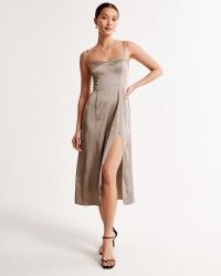 Abercrombie & Fitch Satin High-Slit Midi Dress in Light Brown | silky strappy split hem evening dresses