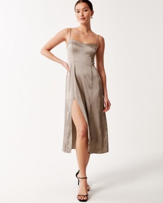 Abercrombie & Fitch Satin High-Slit Midi Dress in Light Brown | silky strappy split hem evening dresses - flipped