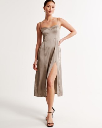 Abercrombie & Fitch Satin High-Slit Midi Dress in Light Brown | silky strappy split hem evening dresses