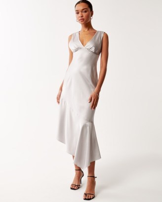 Abercrombie & Fitch Satin Slip Asymmetrical Midi Dress in Grey | sleeveless silky luxe style dresses | asymmetrical evening fashion - flipped