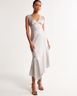 Abercrombie & Fitch Satin Slip Asymmetrical Midi Dress in Grey | sleeveless silky luxe style dresses | asymmetrical evening fashion