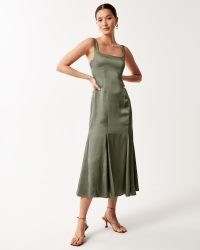 Abercrombie & Fitch Satin Slip Fishtail Midi Dress in Khaki | green sleeveless silky occasion dresses
