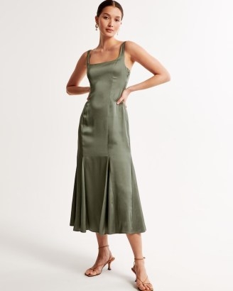 Abercrombie & Fitch Satin Slip Fishtail Midi Dress in Khaki | green sleeveless silky occasion dresses - flipped