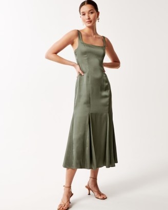 Abercrombie & Fitch Satin Slip Fishtail Midi Dress in Khaki | green sleeveless silky occasion dresses