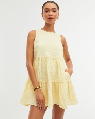 Abercrombie & Fitch Seersucker Trapeze Mini Dress in Yellow ~ A&F Getaway Shop ~ sleeveless tiered dresses - flipped