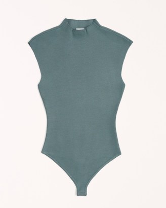 Abercrombie & Fitch Sweater Shell Bodysuit in Green ~ women’s bodysuits in a soft sweater-knit fabric ~ short cap sleeve mock neck tops - flipped
