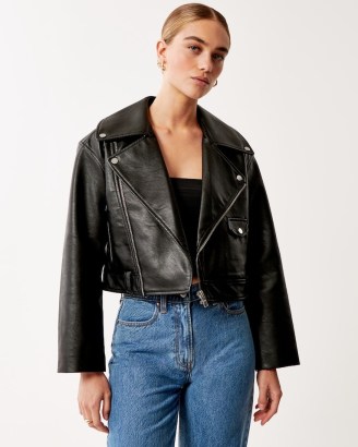 Abercrombie & Fitch Vegan Leather Moto Jacket in Black – women’s zip and stud detail biker jackets - flipped