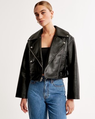 Abercrombie & Fitch Vegan Leather Moto Jacket in Black – women’s zip and stud detail biker jackets