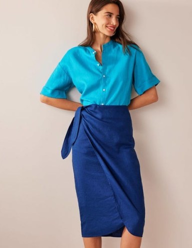 Boden Wrap-Front Linen Midi Skirt in Sapphire / women’s chic blue summer skirts / side tie detail - flipped