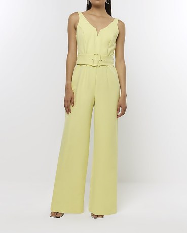 RIVER ISLAND YELLOW BELTED WIDE LEG JUMPSUIT – sleeveless evening jumpsuits - flipped