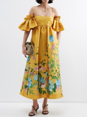 ALÉMAIS Dana floral-print duchess-satin dress / yellow ruffled cold shoulder summer occasion dresses / luxury event clothes / romantic look occasionwear - flipped