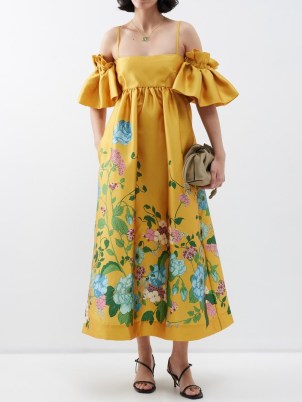 ALÉMAIS Dana floral-print duchess-satin dress / yellow ruffled cold shoulder summer occasion dresses / luxury event clothes / romantic look occasionwear