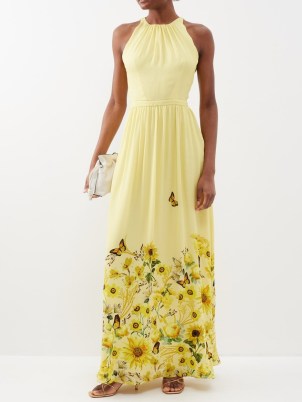 MARY KATRANTZOU Gardenia floral-print silk-georgette maxi dress – yellow sleeveless summer occasion dresses – feminine event clothing – flowers and butterfly prints on women’s clothes – luxury occasionwear