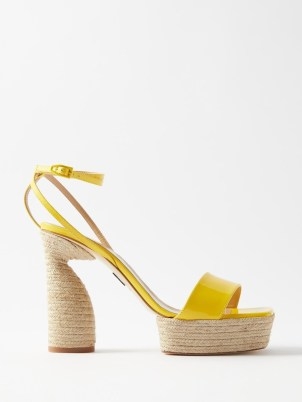 PAUL ANDREW Jute patent-leather ankle strap platform sandals – strappy yellow summer platforms – sculptural block heels - flipped