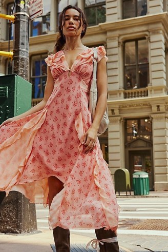 FREE PEOPLE Joaquin Dress in Peach Combo / floaty floral boho dresses / ruffled bohemian clothing / flowing fashion - flipped
