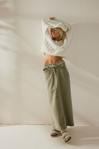 We The Free Come As You Are Denim Maxi Skirt in Serpent ~ green long length raw hem skirts - flipped
