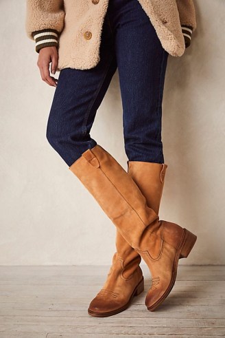 FP Collection Arya Riding Boots in Tan Suede ~ women’s light brown slouchy knee high boot ~ free people footwear - flipped