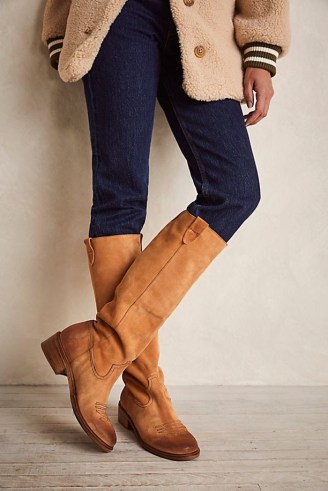 FP Collection Arya Riding Boots in Tan Suede ~ women’s light brown slouchy knee high boot ~ free people footwear