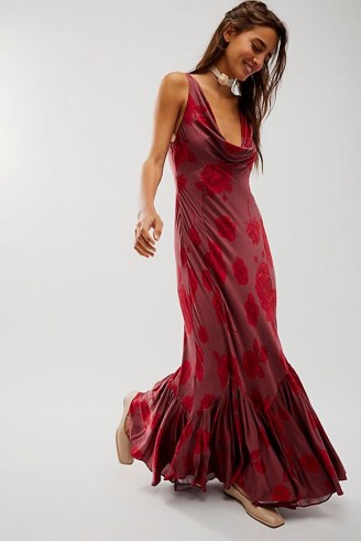 Free People Zelda Maxi Dress Red Combo / sleeveless floral tiered hem dresses / draped back detail / cowl neckline - flipped