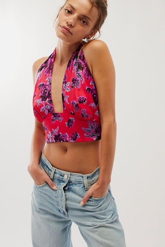 Free People Summer In Sicily Top in Strawberry Combo / cropped deep plunge halterneck / halter neck tops with double tie back details - flipped